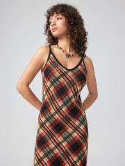 V-neck Plaid Knitted Midi Dress