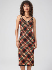 V-neck Plaid Knitted Midi Dress