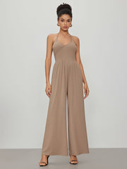 Halter Neck Solid Wrap Wide Leg Jumpsuit