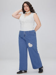 Stretch Denim Mid Rise Heart Wide Leg Jeans Curve & Plus