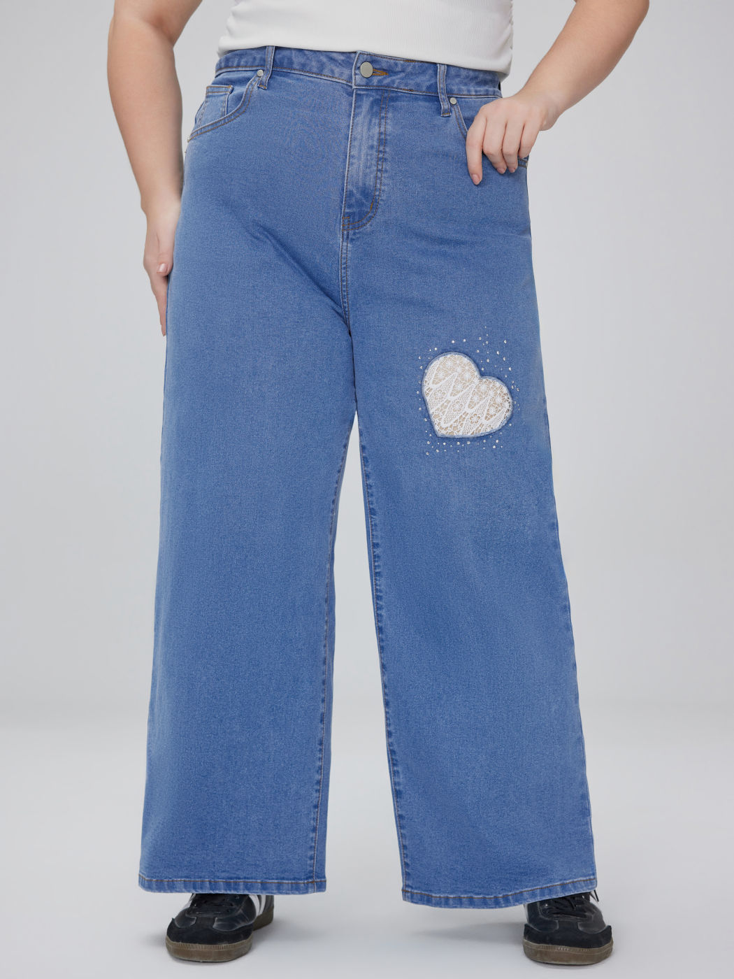 Stretch Denim Mid Rise Heart Wide Leg Jeans Curve & Plus