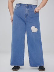 Stretch Denim Mid Rise Heart Wide Leg Jeans Curve & Plus