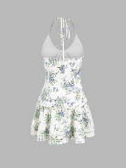 Halter V-neck Floral Layered Ruffle Hem Mini Dress