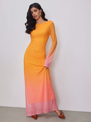 Mesh Round Neck Gradient Maxi Dress