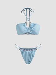 Halter Solid Beaded Bikini Swimsuit