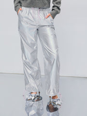 Metallic Mid Rise Drawstring Straight Leg Trousers