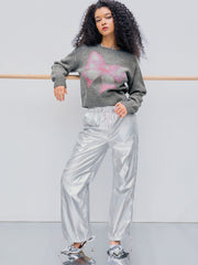 Metallic Mid Rise Drawstring Straight Leg Trousers