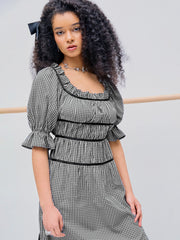 Square Neck Ruched Puff Sleeve Midi Dress