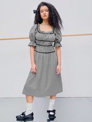 Square Neck Ruched Puff Sleeve Midi Dress