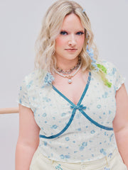 V-neck Bowknot Contrasting Binding Short Sleeve Top Curve & Plus
