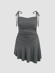 Square Neck Ruched Knotted Ruffle Hem Mini Dress Curve & Plus