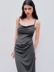Mesh Asymmetrical Hem Ruched Midi Dress