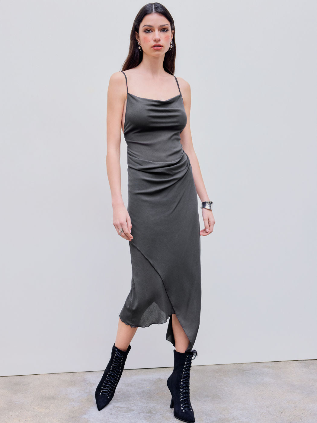 Mesh Asymmetrical Hem Ruched Midi Dress