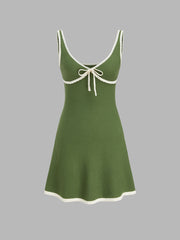 Knitted V-neck Solid Contrasting Binding Knotted Mini Dress