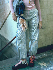 Metallic Mid Rise Drawstring Straight Leg Trousers