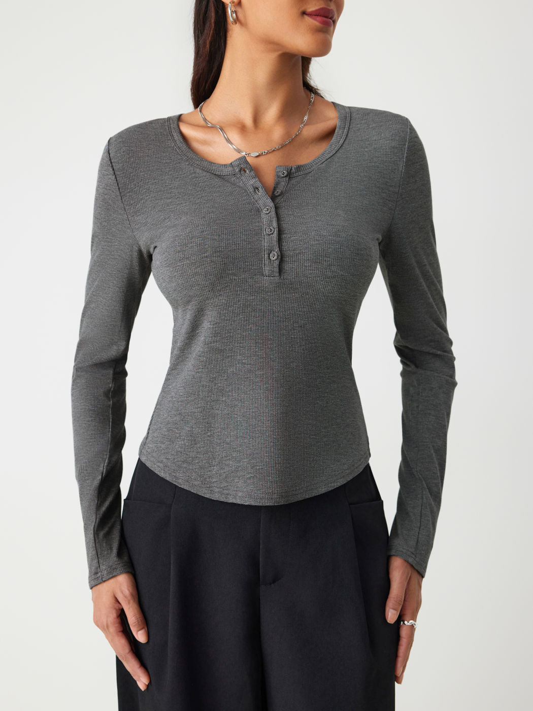 Solid Rib V-neck Long Sleeve Tee