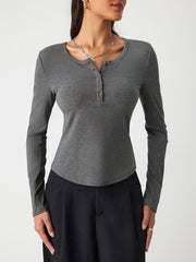 Solid Rib V-neck Long Sleeve Tee