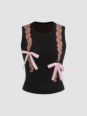 Knitted Round Neck Bowknot Braids Tank Top