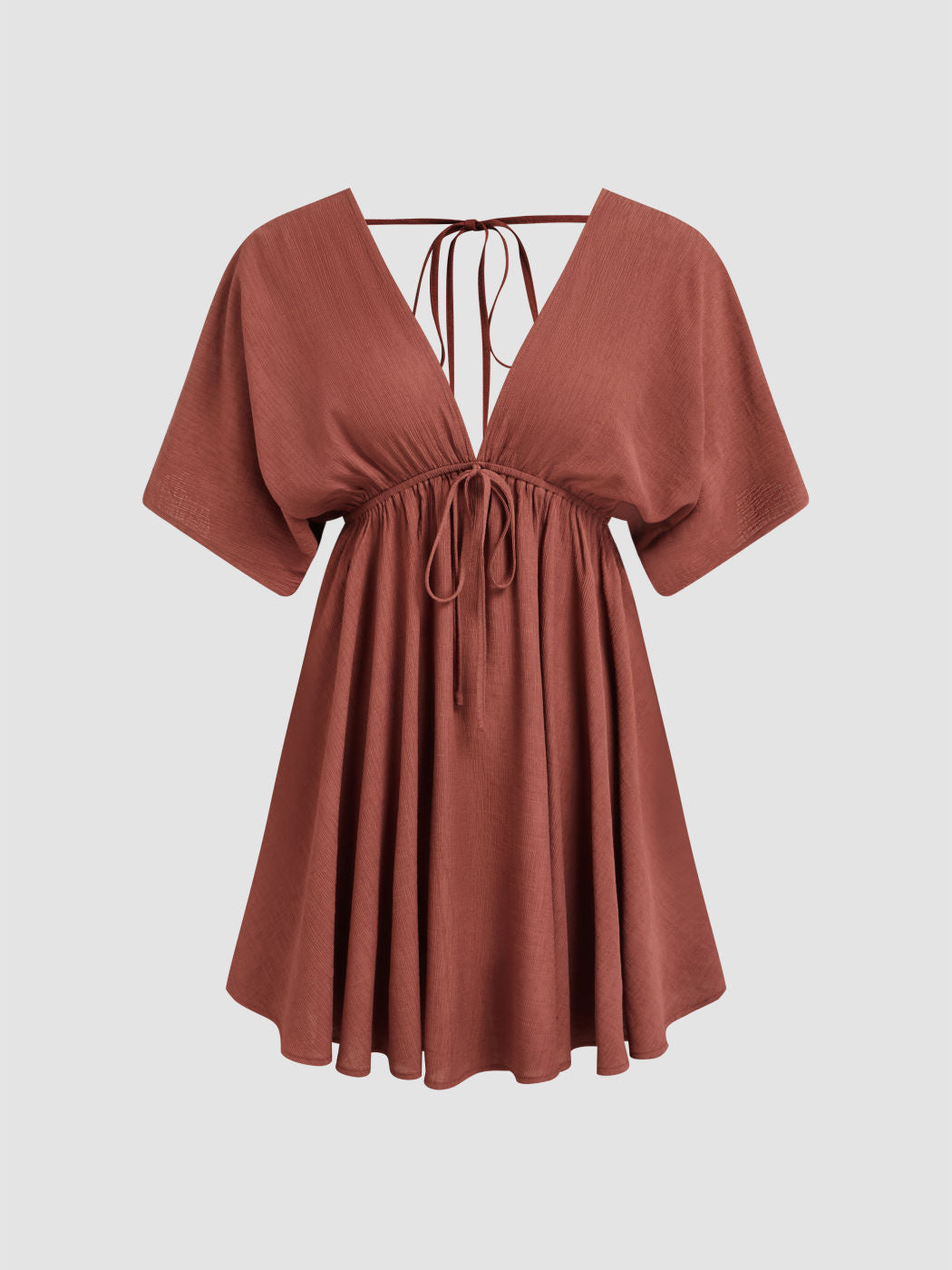 V-neck Ruffle Hem Backless Knotted Middle Sleeve Mini Dress