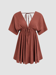 V-neck Ruffle Hem Backless Knotted Middle Sleeve Mini Dress