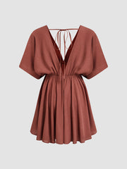 V-neck Ruffle Hem Backless Knotted Middle Sleeve Mini Dress