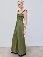Ruffle Hem Knotted Shirred Wide Leg Jumpsuit