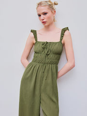 Ruffle Hem Knotted Shirred Wide Leg Jumpsuit