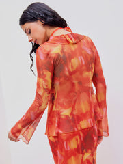 Mesh V-neck Ruffle Trim Knotted Long Sleeve Blouse