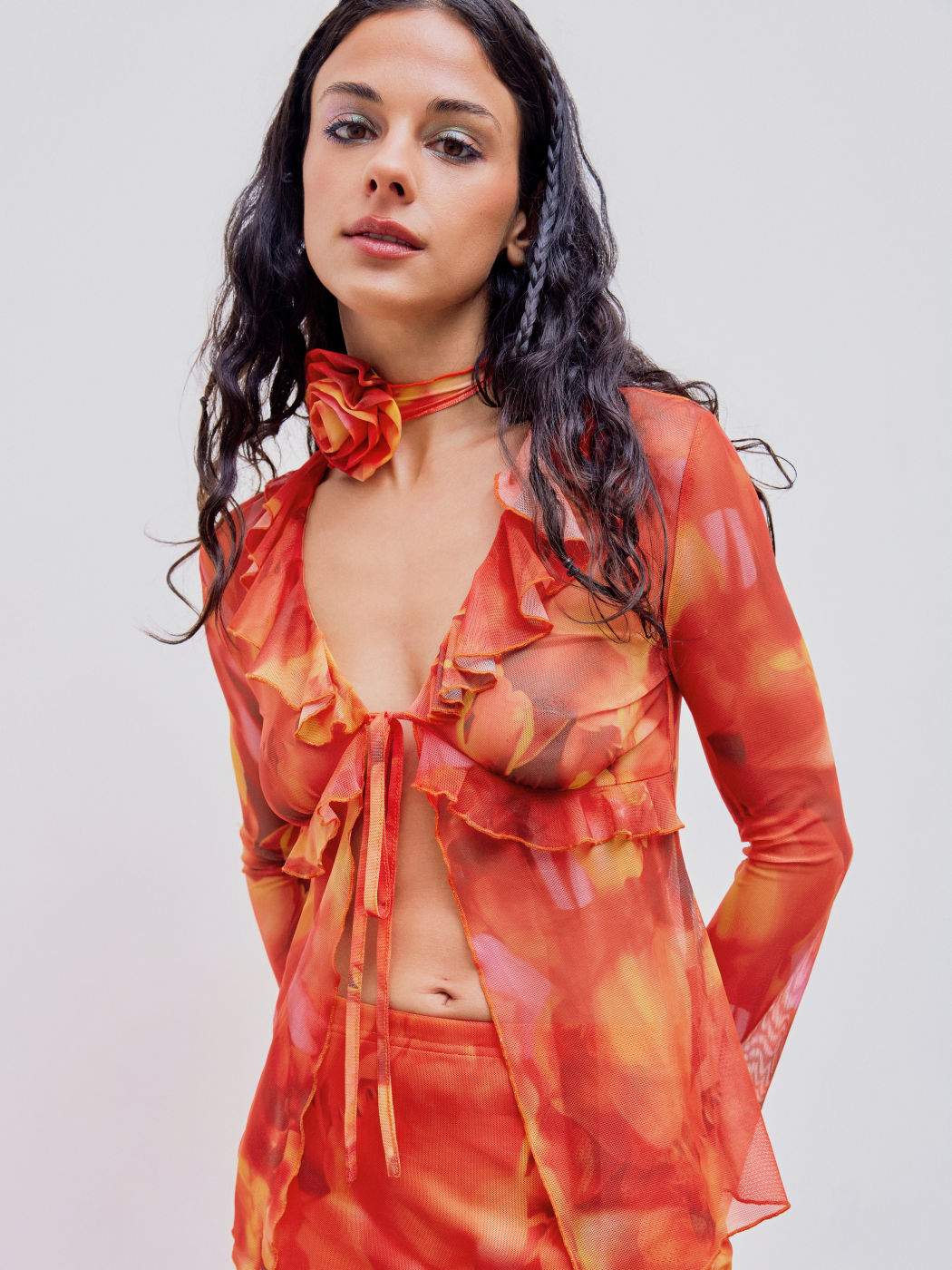 Mesh V-neck Ruffle Trim Knotted Long Sleeve Blouse