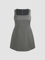 Woven Square Neck Solid Zipper Mini Dress Curve & Plus