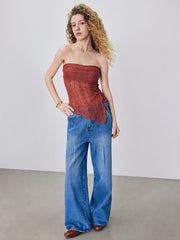 Texture Drawstring Asymmetrical Hem Tube Top