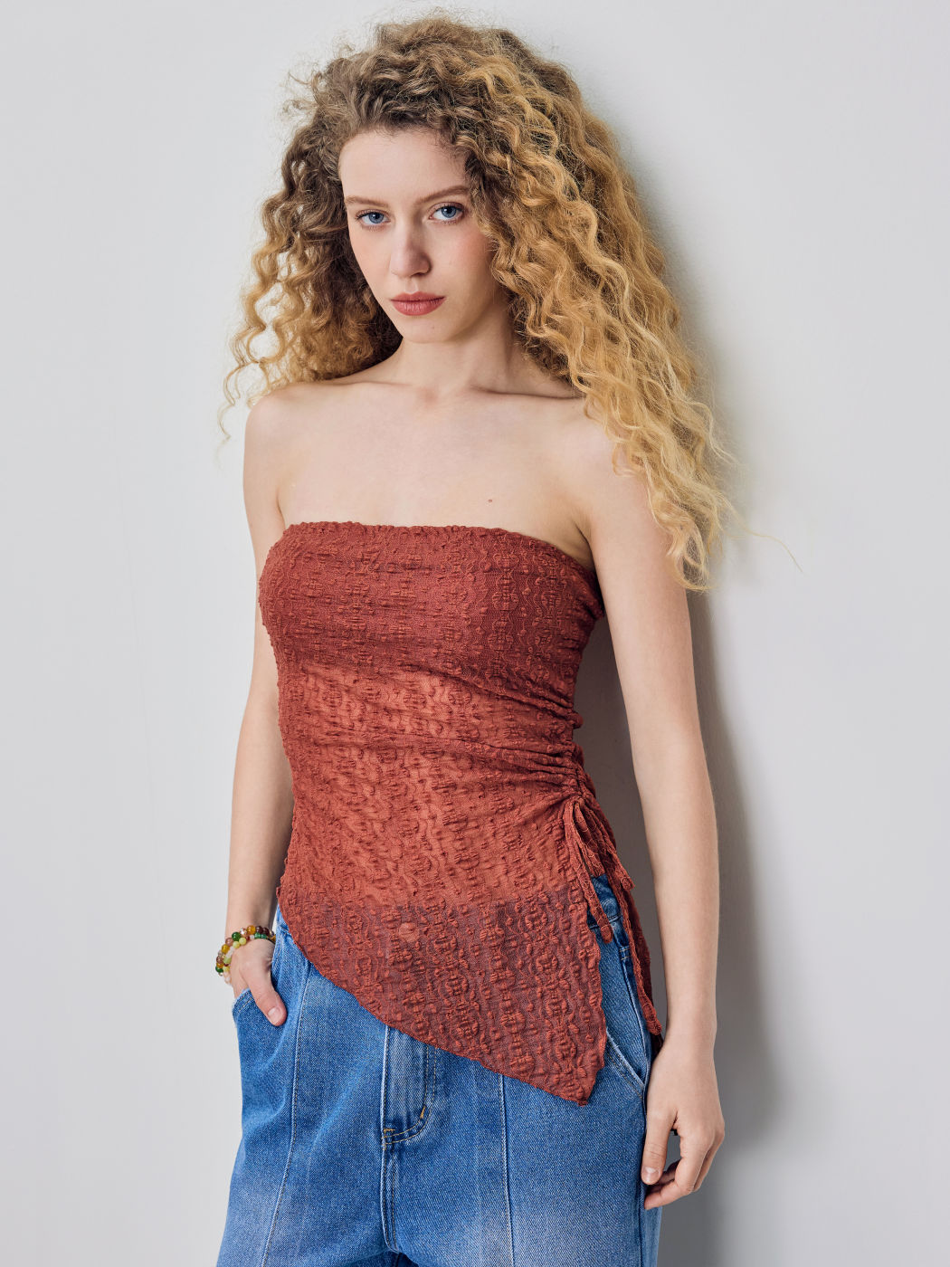 Texture Drawstring Asymmetrical Hem Tube Top