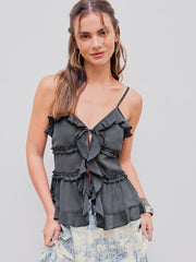 V-neck Knotted Lettuce Trim Solid Cami Top