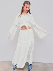 Polo Solid Hollow Out Long Sleeve Blouse
