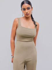 Square Neck Knotted Split Solid Flared Jumpsuit