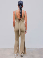 Square Neck Knotted Split Solid Flared Jumpsuit