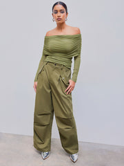Woven Mid Rise Solid Cargo Joggers
