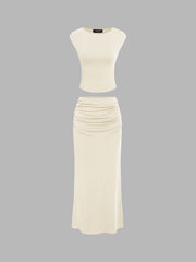 Solid Tank Top & Ruched Maxi Skirt