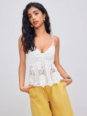 Broderie Anglaise 100% Cotton V-neck Floral Shirred Cami Top