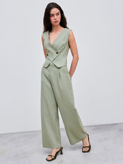 Cropped Linen Mid Rise Wide Leg Trousers