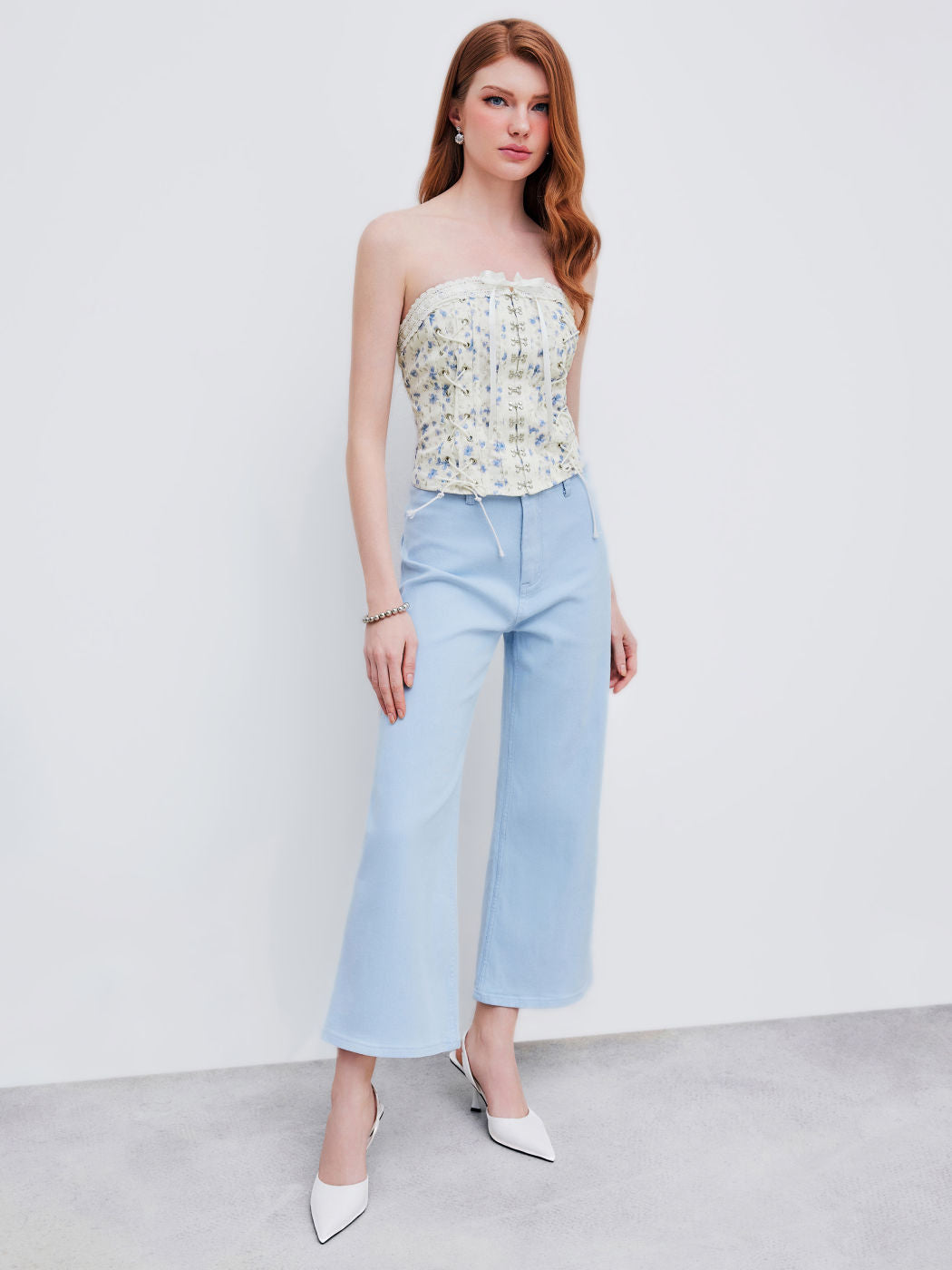 Woven Strapless Floral Lace Up Bowknot Crop Tube Top