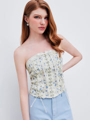 Woven Strapless Floral Lace Up Bowknot Crop Tube Top