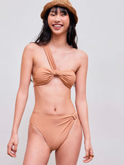 Asymmetrical Neck Solid Ruched One-Shoulder Cheeky Bikini Swimsuit