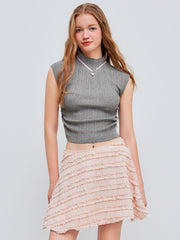 Knit High Neck Solid Ruched Tank Top