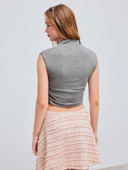Knit High Neck Solid Ruched Tank Top