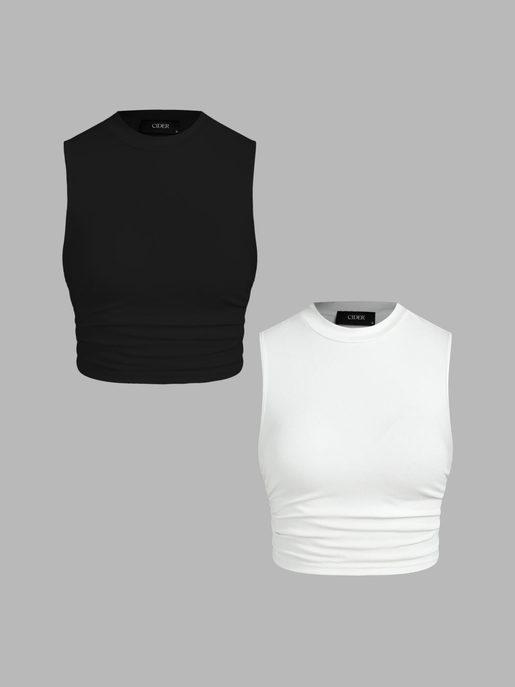 2 Pack Round Neck Solid Ruched Crop Tank Top
