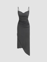 Mesh Asymmetrical Hem Ruched Midi Dress