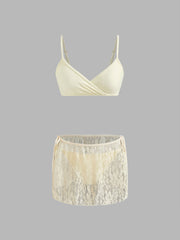 V-neck Solid Bracelet Tie Side Bikini Set With Lace Cover Up Skirt