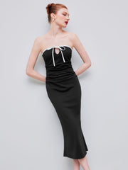 Jersey Strapless Contrasting Binding Knotted Ruched Midi Dress