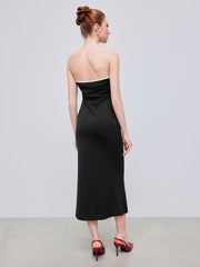 Jersey Strapless Contrasting Binding Knotted Ruched Midi Dress